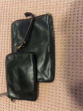 Fossil Black Leather Wristlet and Coin Pouch Set with Gold Hardware